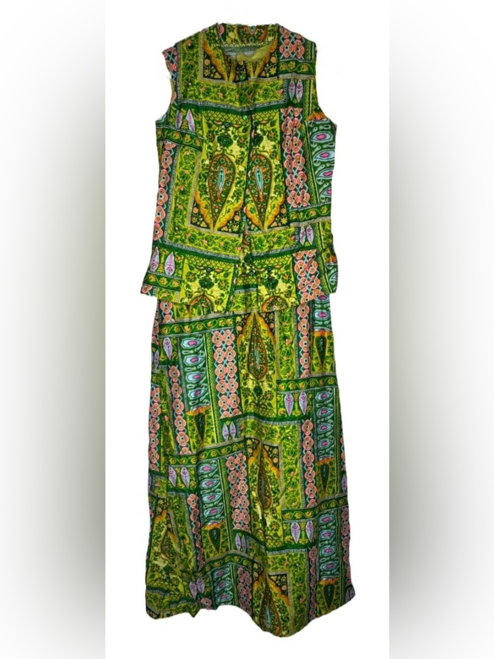 Vintage 60s 70s Green Patterned Sleeveless Women’s Dress w Vest Paisley Neon